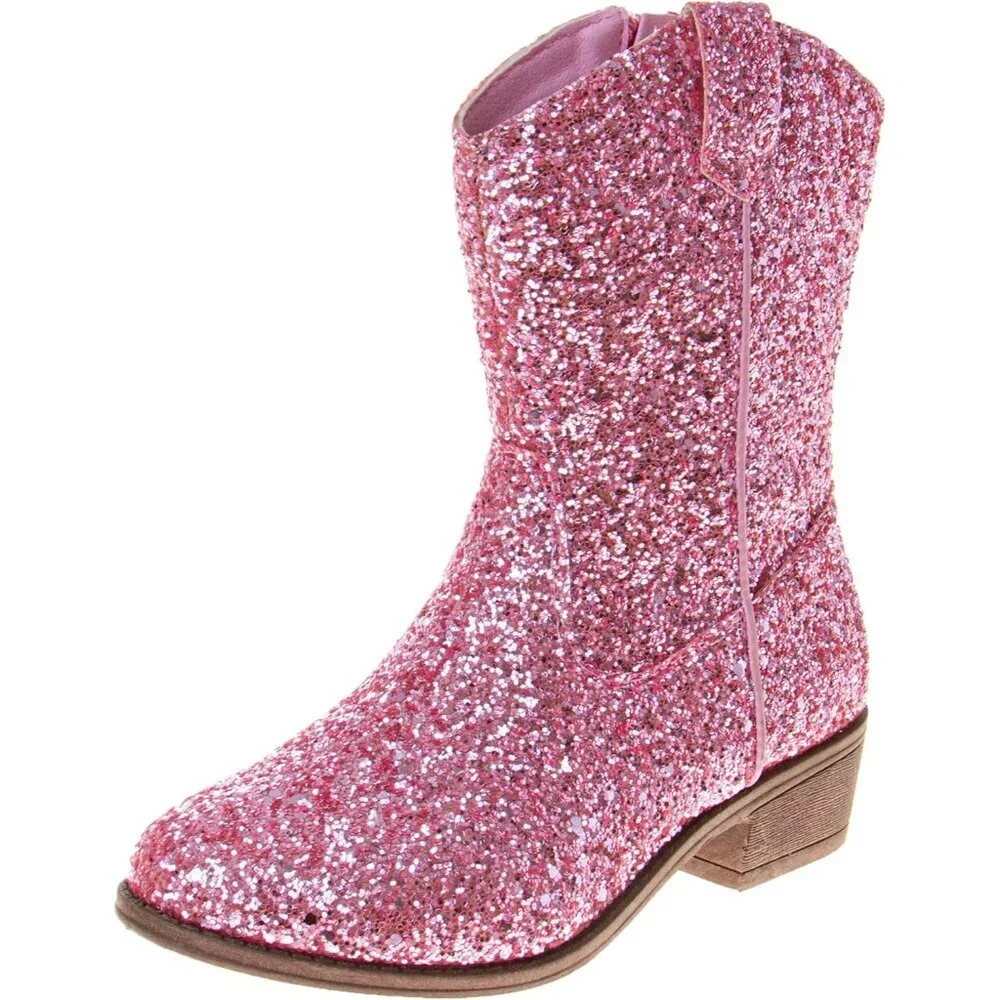 🆕Girls Pink Glitter Manmade Glitter Cowgirl Mid Calf Cowboy Western Boots
